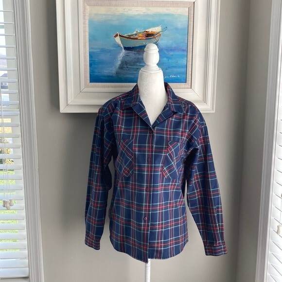 Vintage Tops - Vintage 62 East Tartan Plaid Button Navy Up Button Pocket Shirt Small